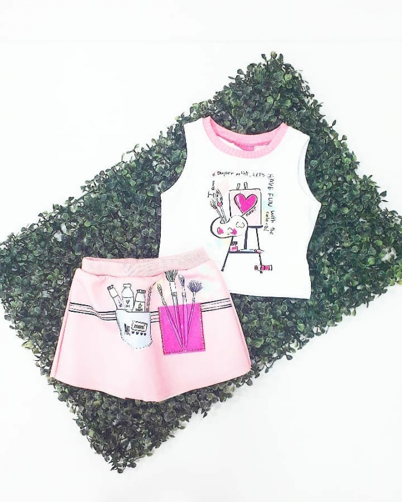 imagem CONJUNTO SUPER ARTISTA REGATA E SAIA SHORT  BRANCO/ROSA MOMI MINI REF: J3356