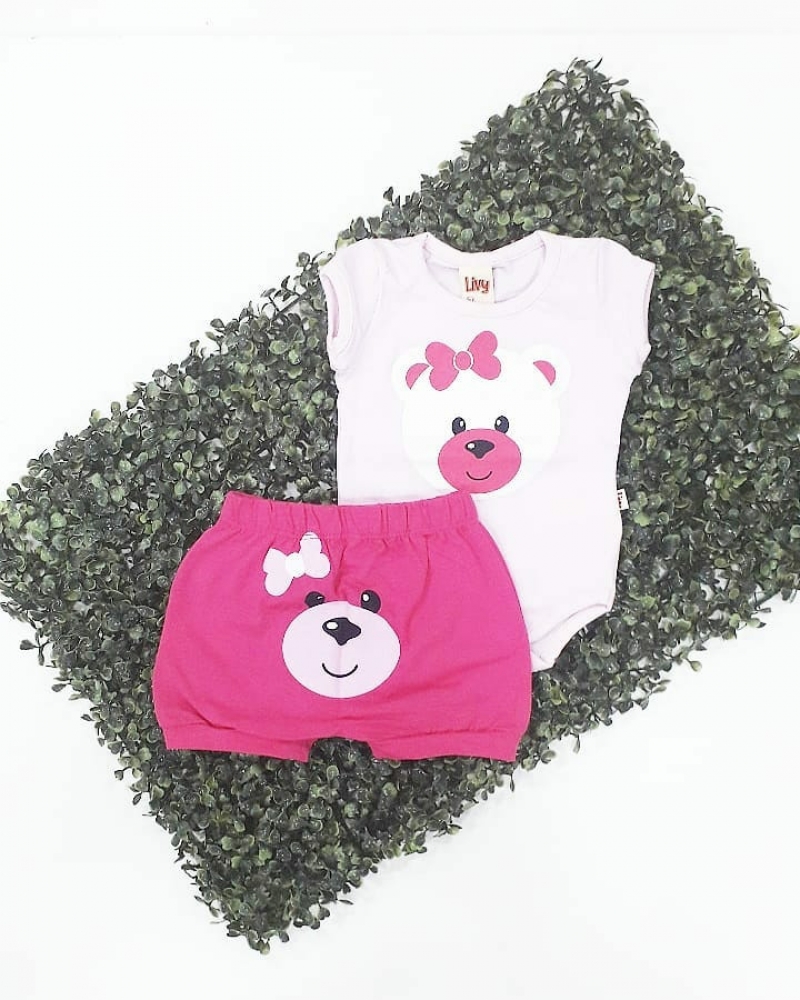 imagem  6642 CONJUNTO URSO BABY ROSA  BODY E SHORTS LIVY