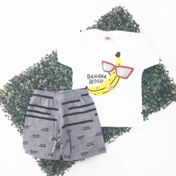 imagem 6730 CONJUNTO BANANA MOOD CAMISETA SHORTS BRANCO CINZA LIVY