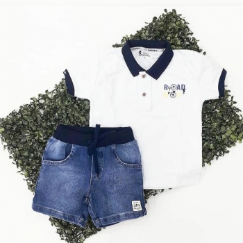 imagem O1062 CONJUNTO POLO PIQUE BERMUDA  JEANS BRANCO ONDA MARINHA