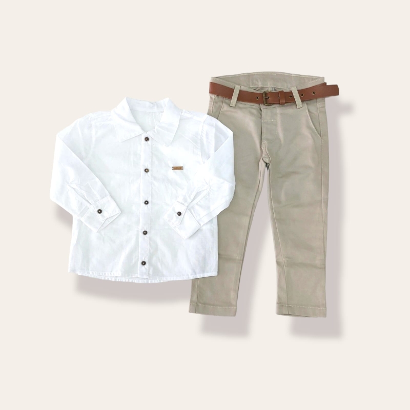 imagem CONJUNTO INVERNO MENINO CAMISA E CALÇA COM CINTO PARAÍSO BRANCO/BEGE - 14808